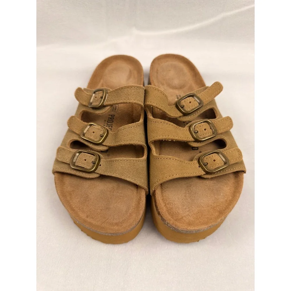 Project Cloud Tan Suede Platform Slide Sandals Triple Buckle Memory Foam US 7